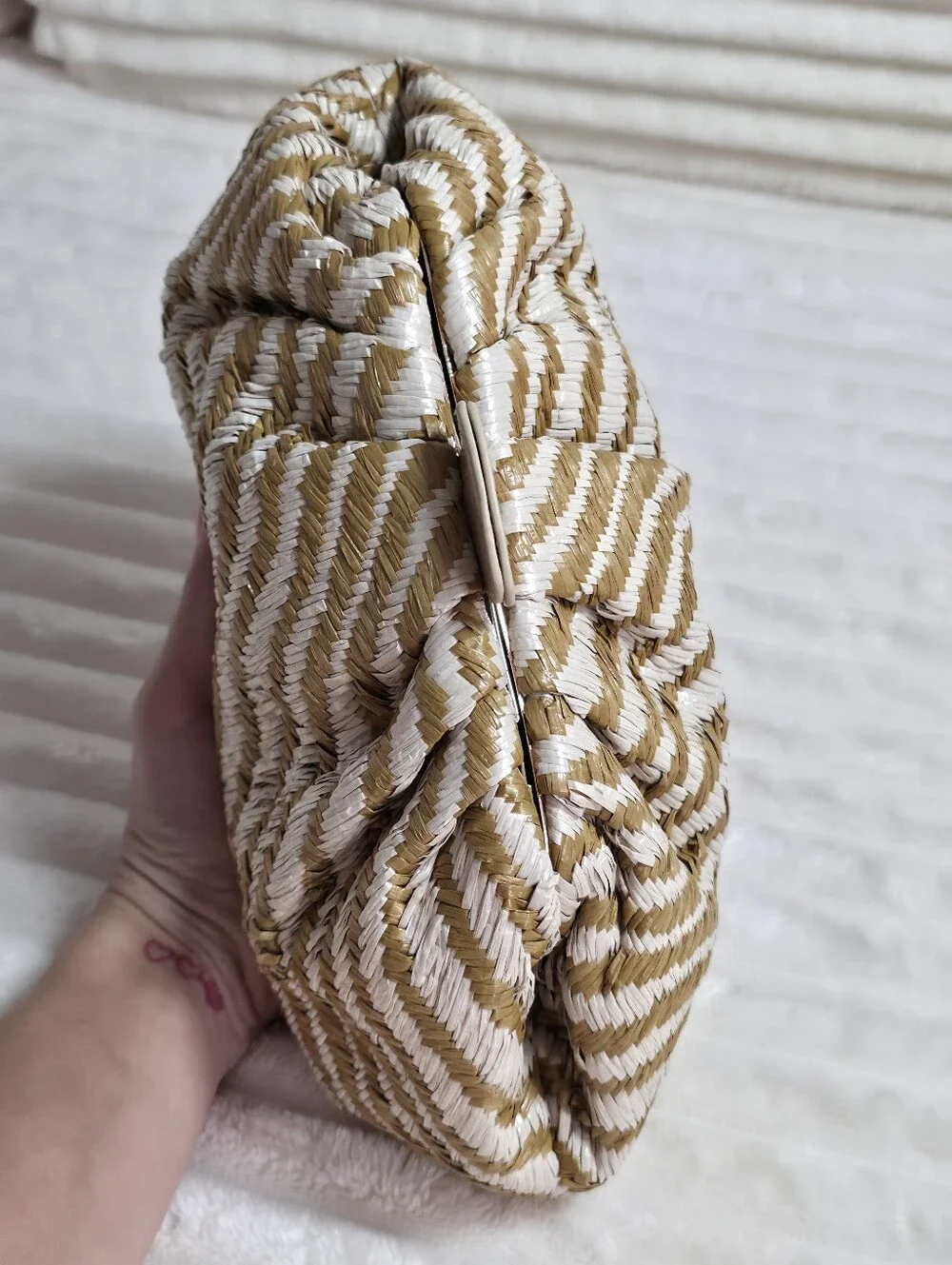 Badgley Mischka Jewel Tiger Raffia Pouch Clutch, One Size, Tan, Missing Chain